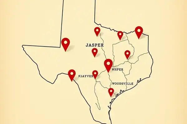 Map of East Texas highlighting Jasper and surrounding towns