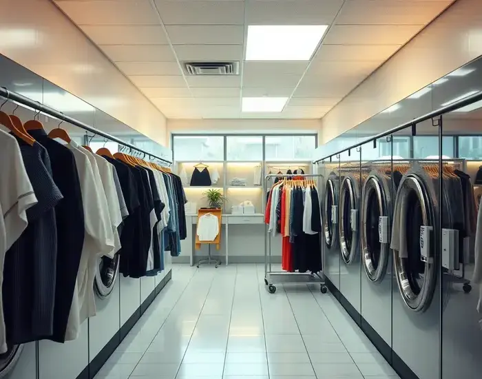 Clean and organized dry cleaning store interior with modern equipment
